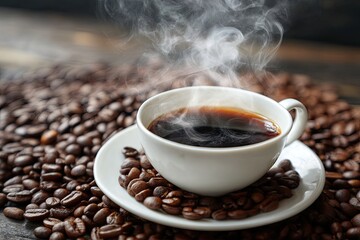 Aromatic coffee cup steaming over coffee beans