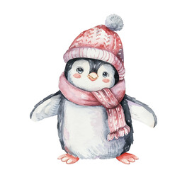 Cute penguin vector illustration wearing a cozy pink hat and scarf. © SunwArt