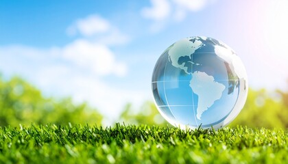 青空と野原に置かれた球体のガラス製の透明な地球儀。地球環境とエコロジーを表現。コピースペース、テキストスペースあり。AIで生成