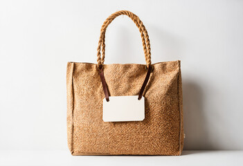  eco-friendly woven tote bag with blank label on minimalist background