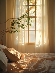 The morning sunshine falls on the warm bed in the bedroom