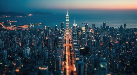 Fototapeta premium City Skyline with Illuminated Skyscrapers and Streets at Dusk Urban Landscape View
