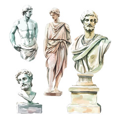 Statues And Sculptures, watercolor vector, isolated on a white background.