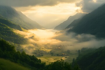 A peaceful valley village amidst golden clouds and mist under the setting sun
