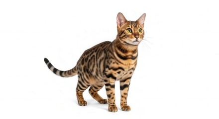 Obraz premium Beautiful bengal cat standing on white background looking elegant and adorable pet animal picture
