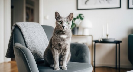 Gray cat sitting on a chair in living room looking at camera adorable pet animal home decor interior design