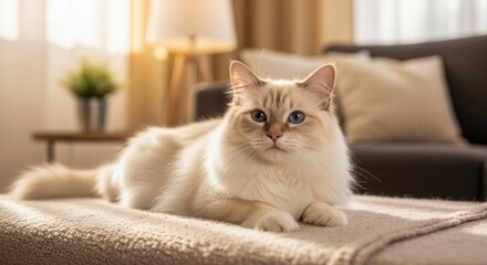 Ragdoll cat relaxing on a blanket in a living room, domestic feline pet portrait, soft light indoor photo
