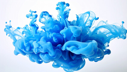 macro shot of pastel blue ink droplets spreading like smoke in liquid, white background