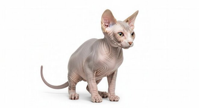 Sphynx cat portrait on white background looking right feline pet breed hairless animal studio shot catlike