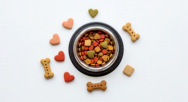 Top view of tasty dry dog food in bowl with bone and heart shaped treats on white surface background