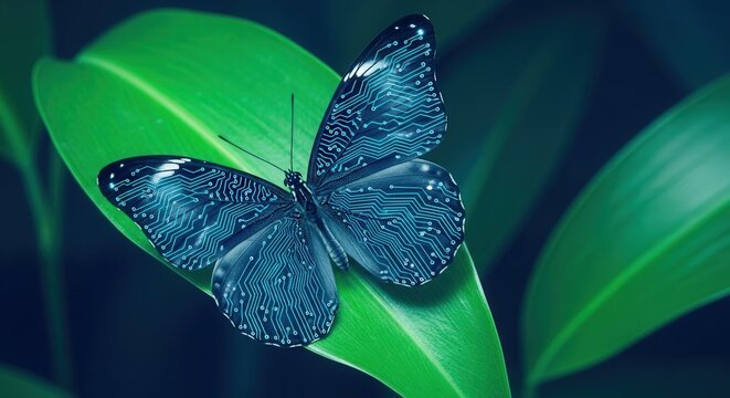 Digital butterfly technology on leaf nature tech futuristic design concept illustration image art design
