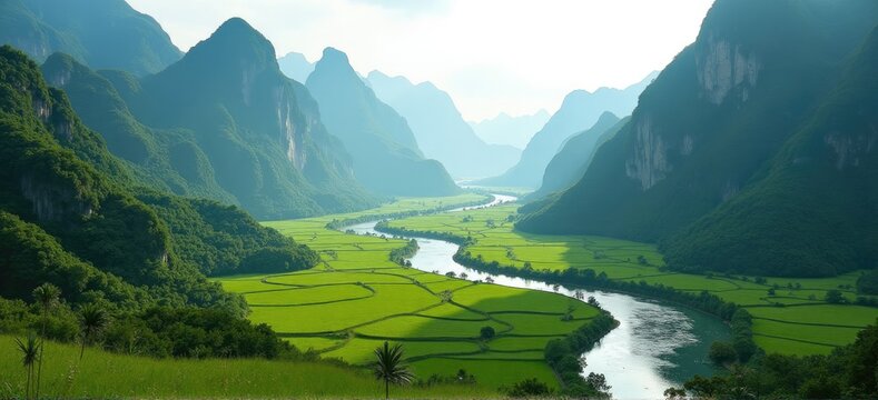 Panoramic view of lush green meadows and rugged mountains around Cat Tung River in Heda Valley, Lam Dong, Vietnam, with serene waters and towering cliffs