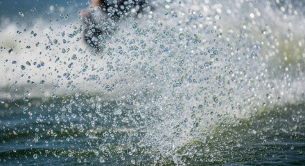 Extreme close-up of water droplets from wakeboarding