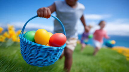 Children joyfully run through bright green field, one holding blue basket filled with yellow, green, and red Easter eggs. Clear blue sky above, showcasing spring outdoor fun