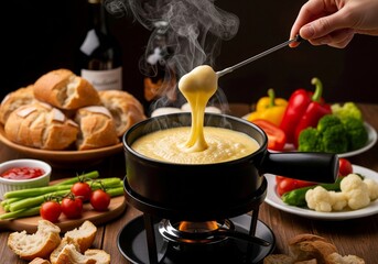 Gourmet Swiss fondue dinner on a winter evening