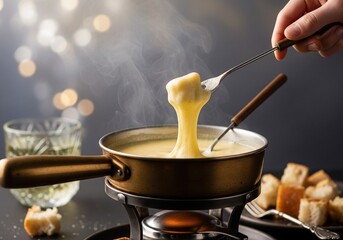 Gourmet Swiss fondue dinner on a winter evening