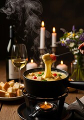 Gourmet Swiss fondue dinner on a winter evening