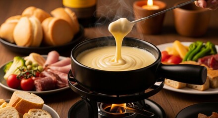 Gourmet Swiss fondue dinner on a winter evening