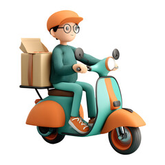 Cartoon delivery driver riding scooter on transparent background, delivery concept