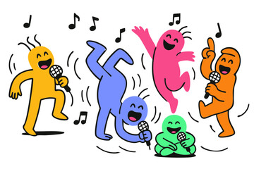 Happy Abstract Characters Dancing and Playing Joyful Characters Singing Karaoke