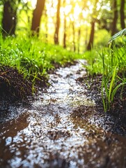 Fototapeta premium Wet grassland beside muddy paths after rain