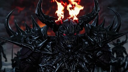 Dark fantasy character with fiery crown battles foes in an epic landscape