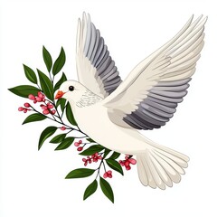 Fototapeta premium White Dove in Flight with Pink Flowers and Green Leaves