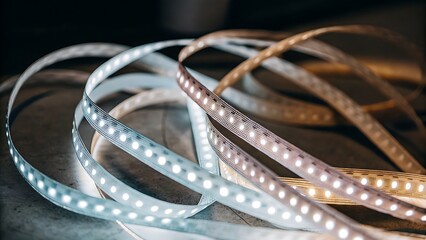 Close up shot of two led light strips one white and one warm light coiled on a dark surface view