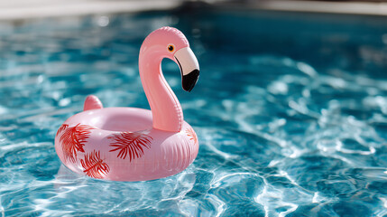 Pink flamingo inflatable float in swimming pool
