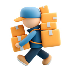 Cartoon courier carrying parcels on transparent background represents e-commerce solutions