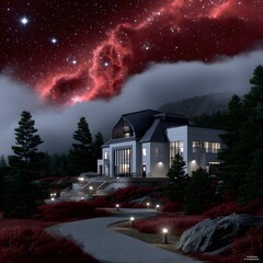 Cosmic mansion nestled in a misty forest under a vibrant red nebula