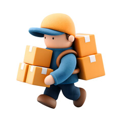 Cartoon Delivery Man Carrying Stacked Boxes on transparent background for E-Commerce Service
