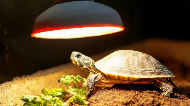 Turtle reptile terrarium with heat lamp, soil, pet shell, green animal habitat, warmth enclosure, care lighting, nature environment, wildlife, brown and yellow pattern, healthy basking, domestic
