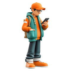 3d illustration of a young man using a smartphone against a transparent background