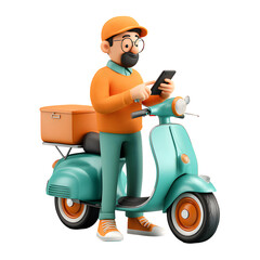 3D cartoon delivery man using smartphone on scooter against a transparent background