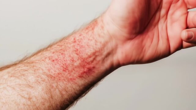 Red rash and irritated skin male forearm close up, showing allergic reaction, inflamed area, redness, and discomfort, highlighting medical and health concerns with visible symptoms of irritation