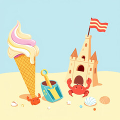 Colorful ice cream cone, sandcastle, and crabs on the beach  