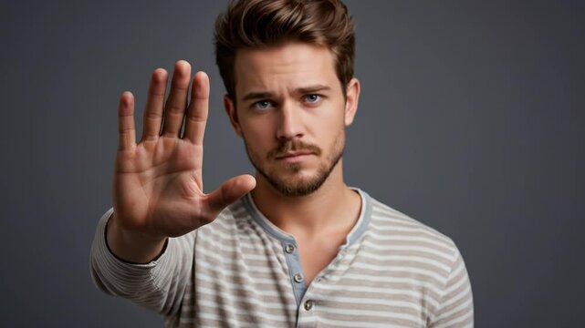 Man gestures with an open hand to signal stop, emphasizing the importance of boundaries and self-assertion in a modern context