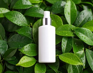 Cosmetic Bottle on Dewy Leaves