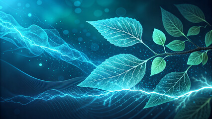 Digital leaves with glowing energy waves in blue and green tones  