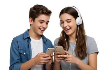 Happy Teens Together with Smartphones and Headphones
