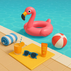 Inflatable flamingo pool float with summer accessories by the water  