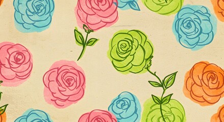 Colorful hand-drawn rose pattern on textured background.