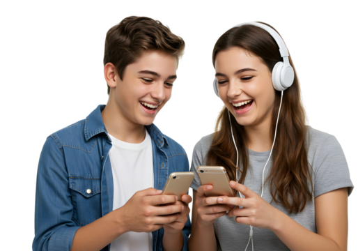 Happy Teens Together with Smartphones and Headphones