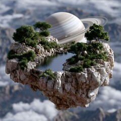Floating island with trees, a pool, and ringed planet above clouds
