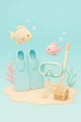 Colorful snorkeling gear with fish and coral underwater scene  