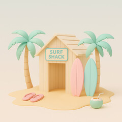 Colorful surf shack with palm trees and surfboards on sandy beach  