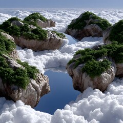 Floating islands, lush vegetation, and clear water, nestled amidst fluffy white clouds against a bright blue sky