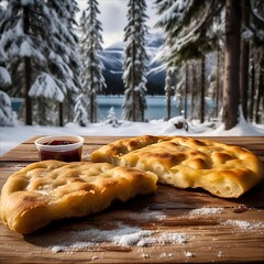 Winter Bannock Bliss. Freshly baked bannock with jam, enjoyed against a stunning snowy Canadian landscape. Perfect for winter travel and food blogs.