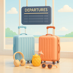 Colorful luggage and tropical drink at airport departure area  